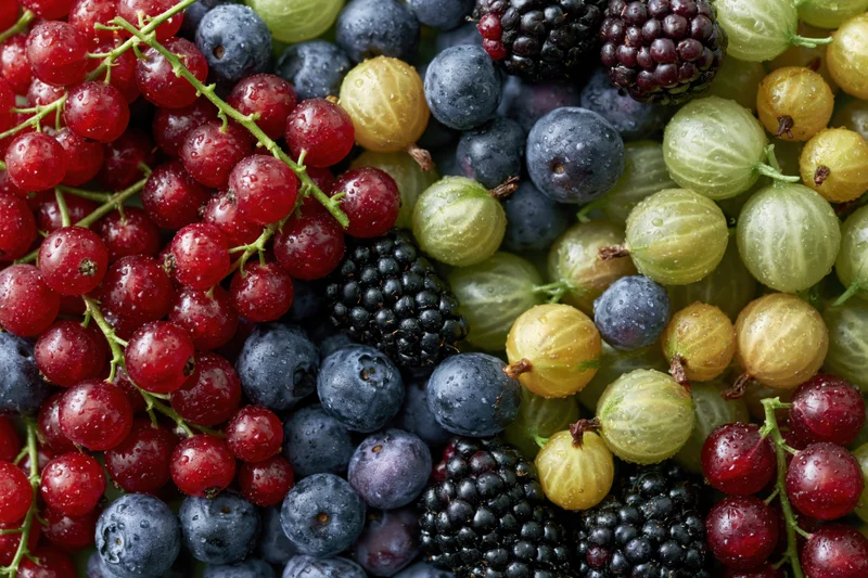 Overhead flat-lay of mixed fresh berries densely packed across frame