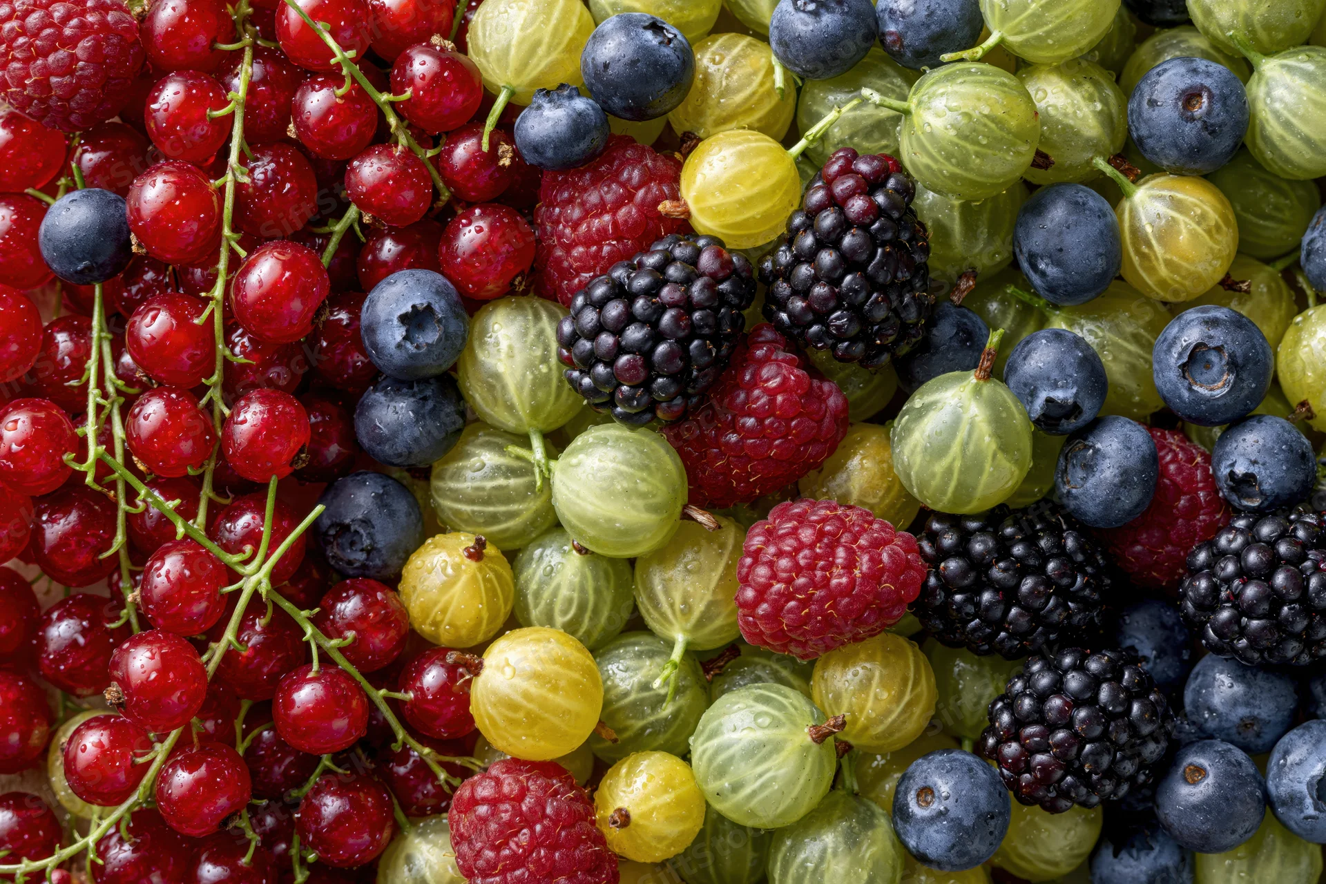 Overhead flat-lay of mixed fresh berries densely packed across frame