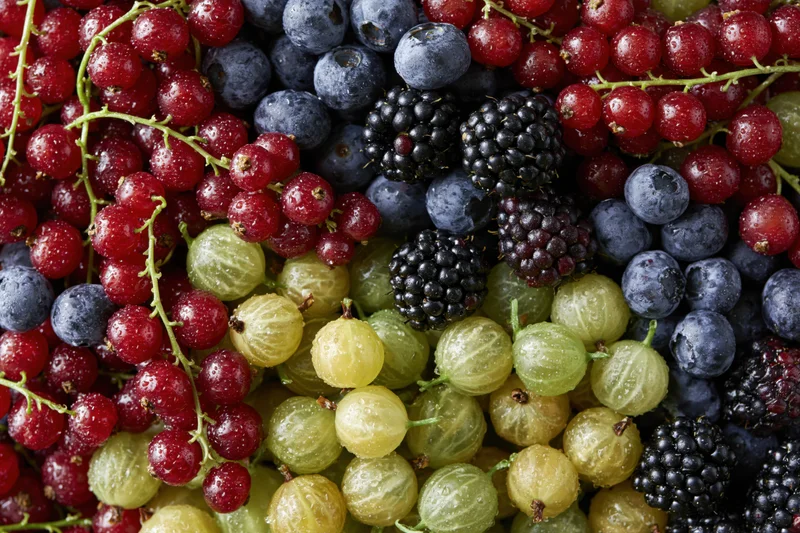 Overhead flat-lay of mixed fresh berries densely packed across the frame