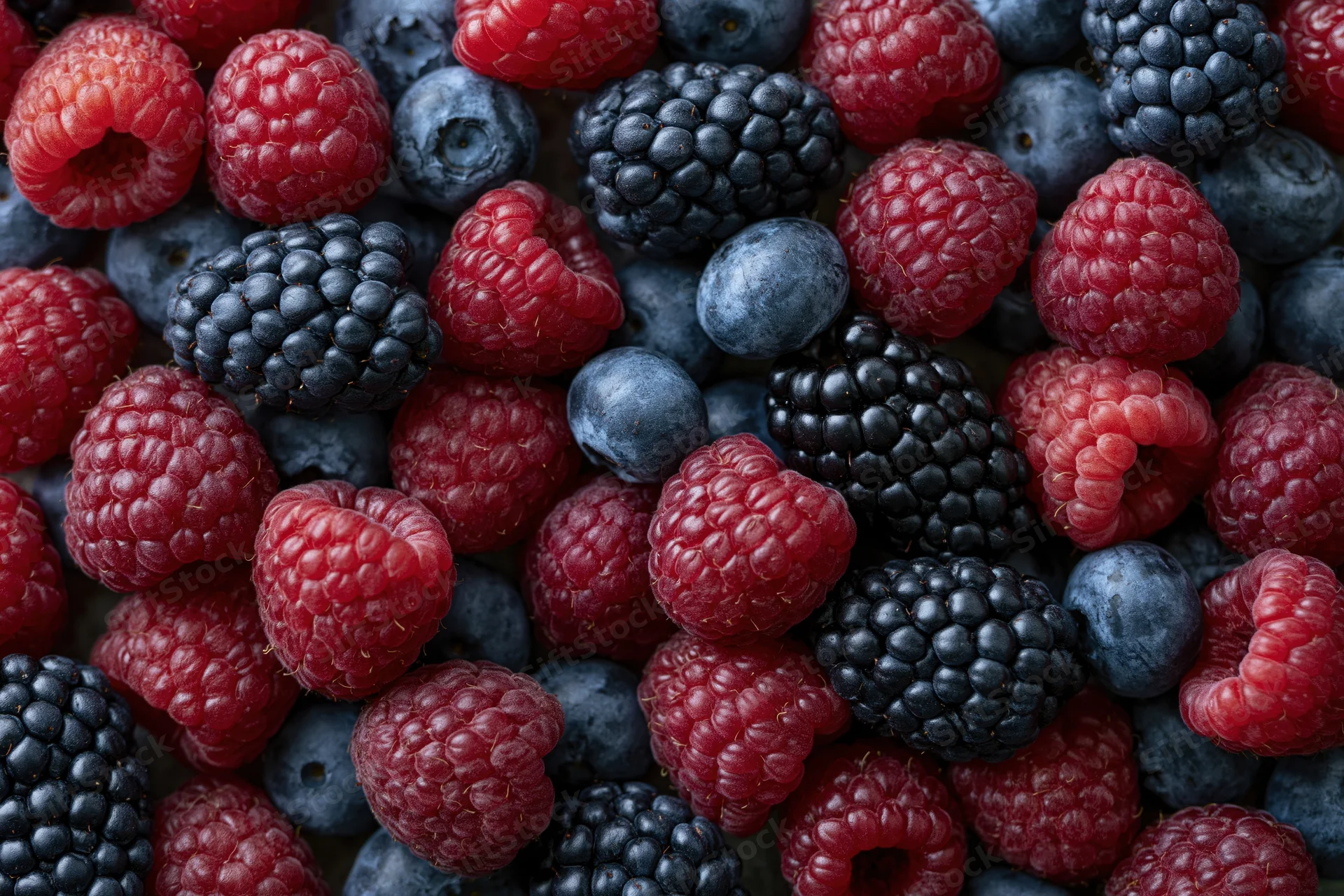 Overhead flat-lay of mixed fresh raspberries blueberries and blackberries