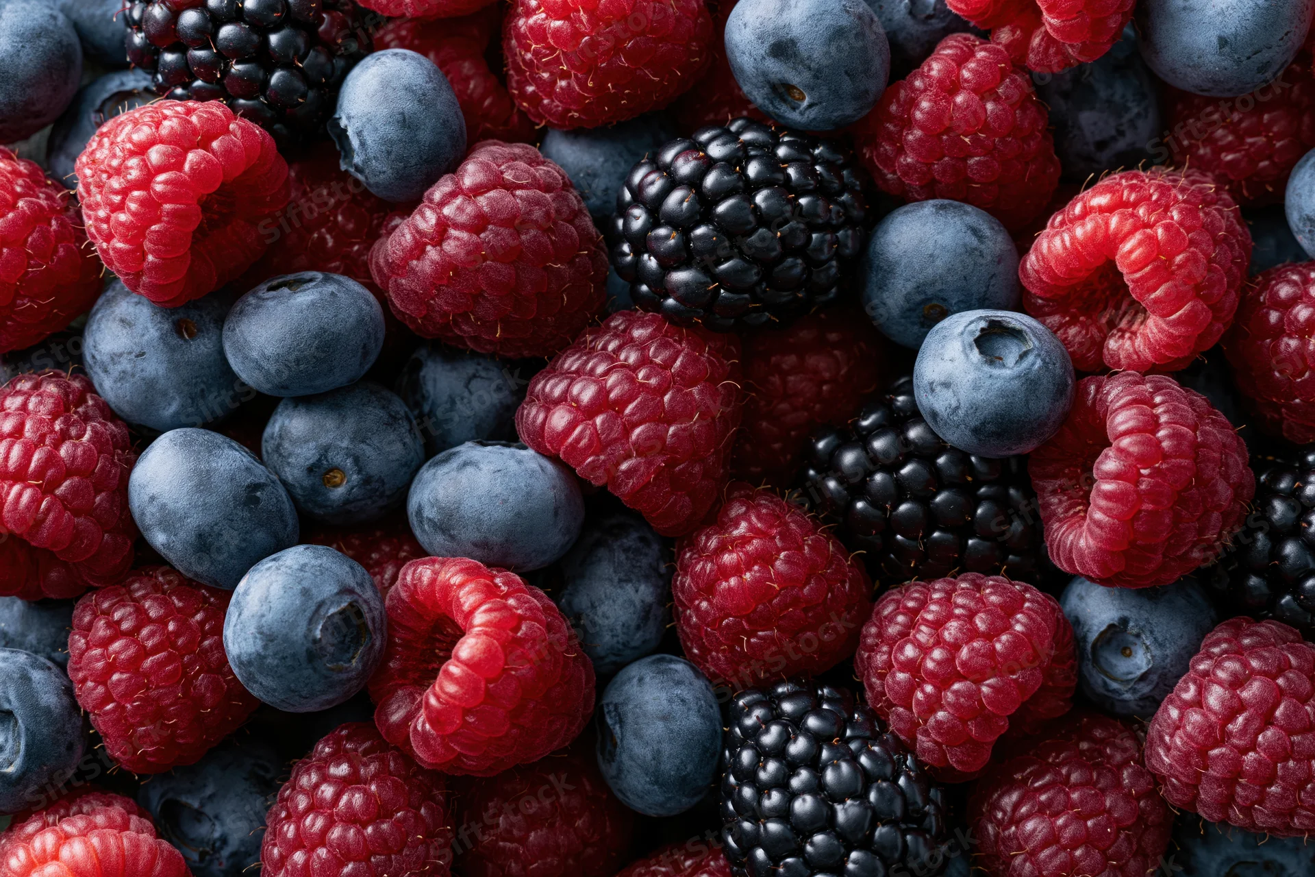 Overhead closeup of mixed fresh raspberries blueberries and blackberries in a flat lay arrangement