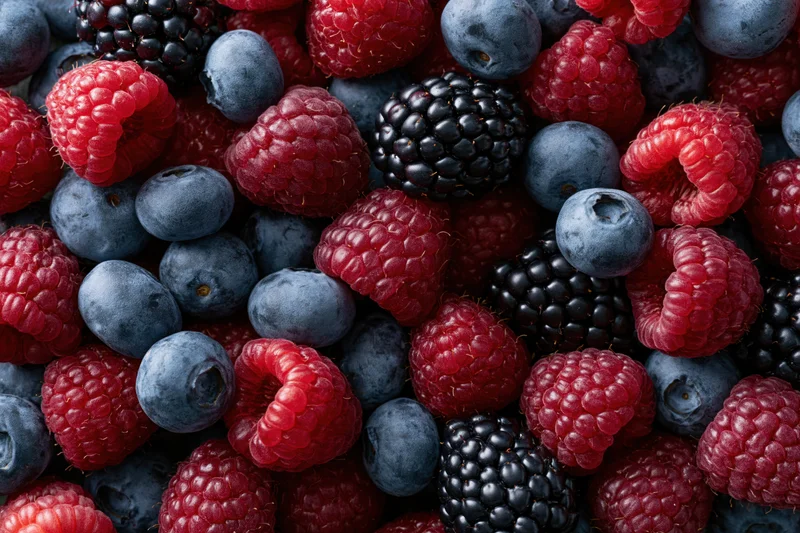 Overhead closeup of mixed fresh raspberries blueberries and blackberries in a flat lay arrangement