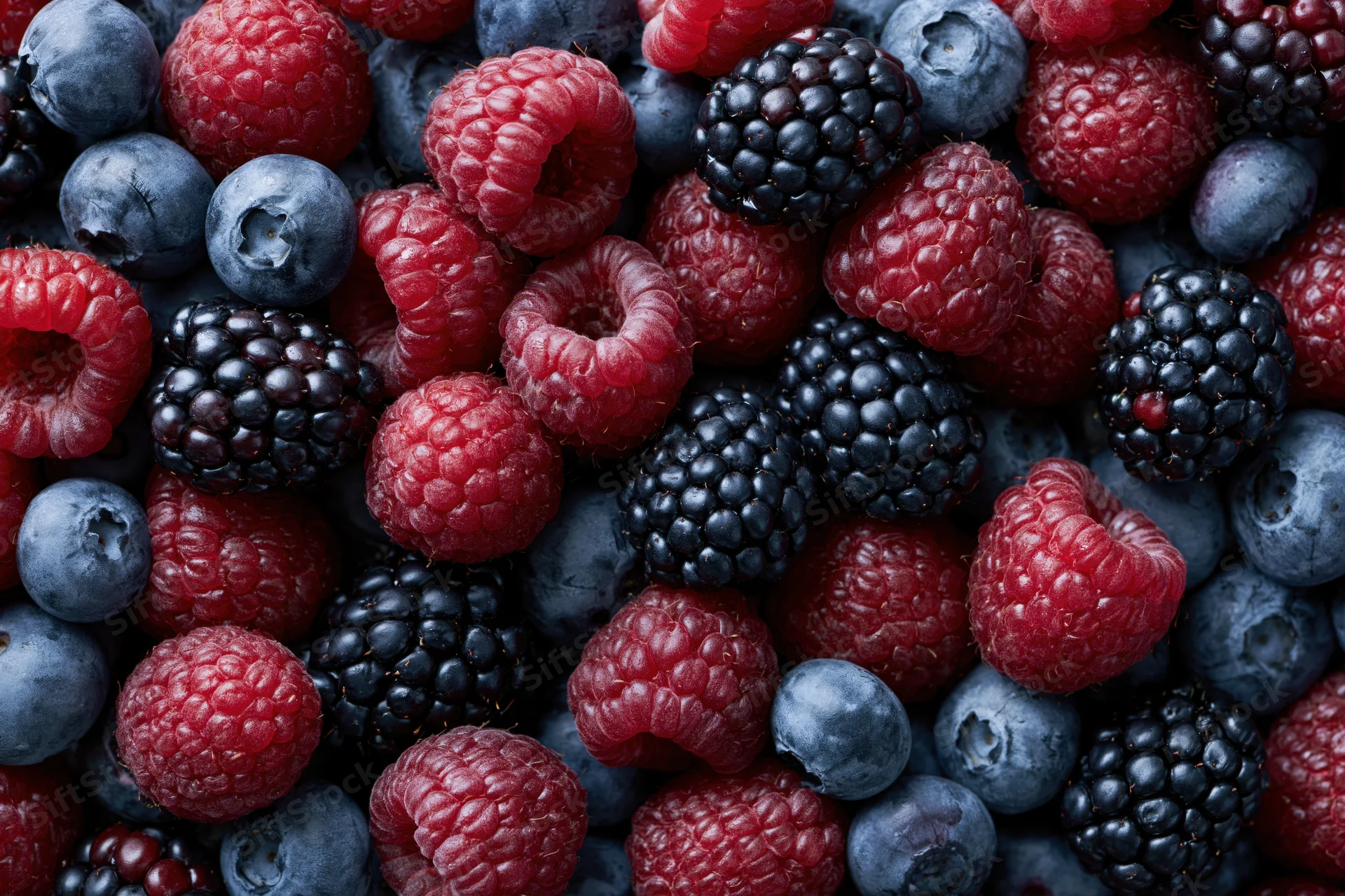 Overhead flat-lay of mixed fresh raspberries blueberries and blackberries filling the frame