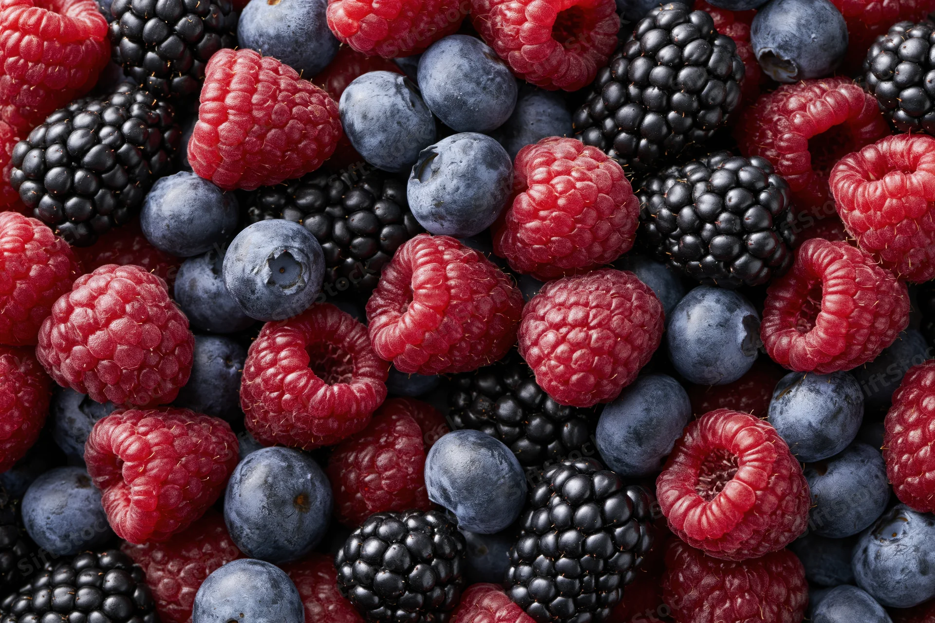 Overhead flat-lay of mixed fresh raspberries blueberries and blackberries filling the frame