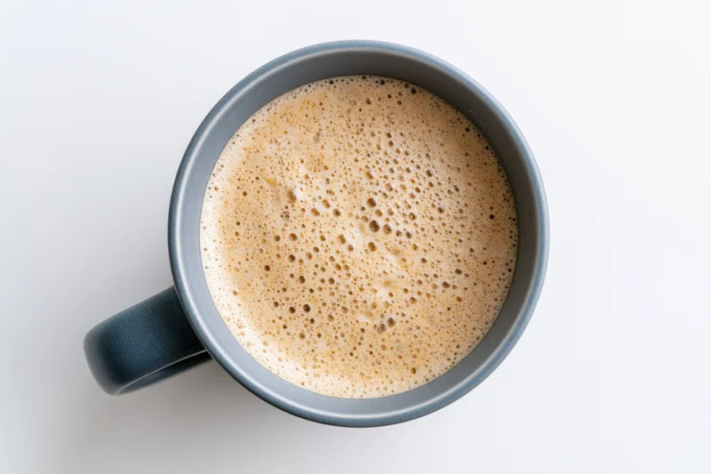 Overhead view of a gray ceramic mug filled with foamy coffee on a white surface