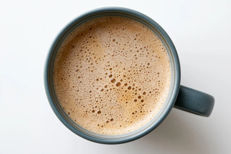 Overhead view of a grey ceramic mug filled with foamy coffee on a white surface