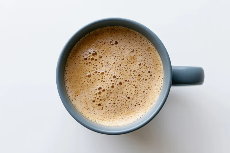 Overhead view of a grey ceramic mug filled with foamy coffee on a white surface