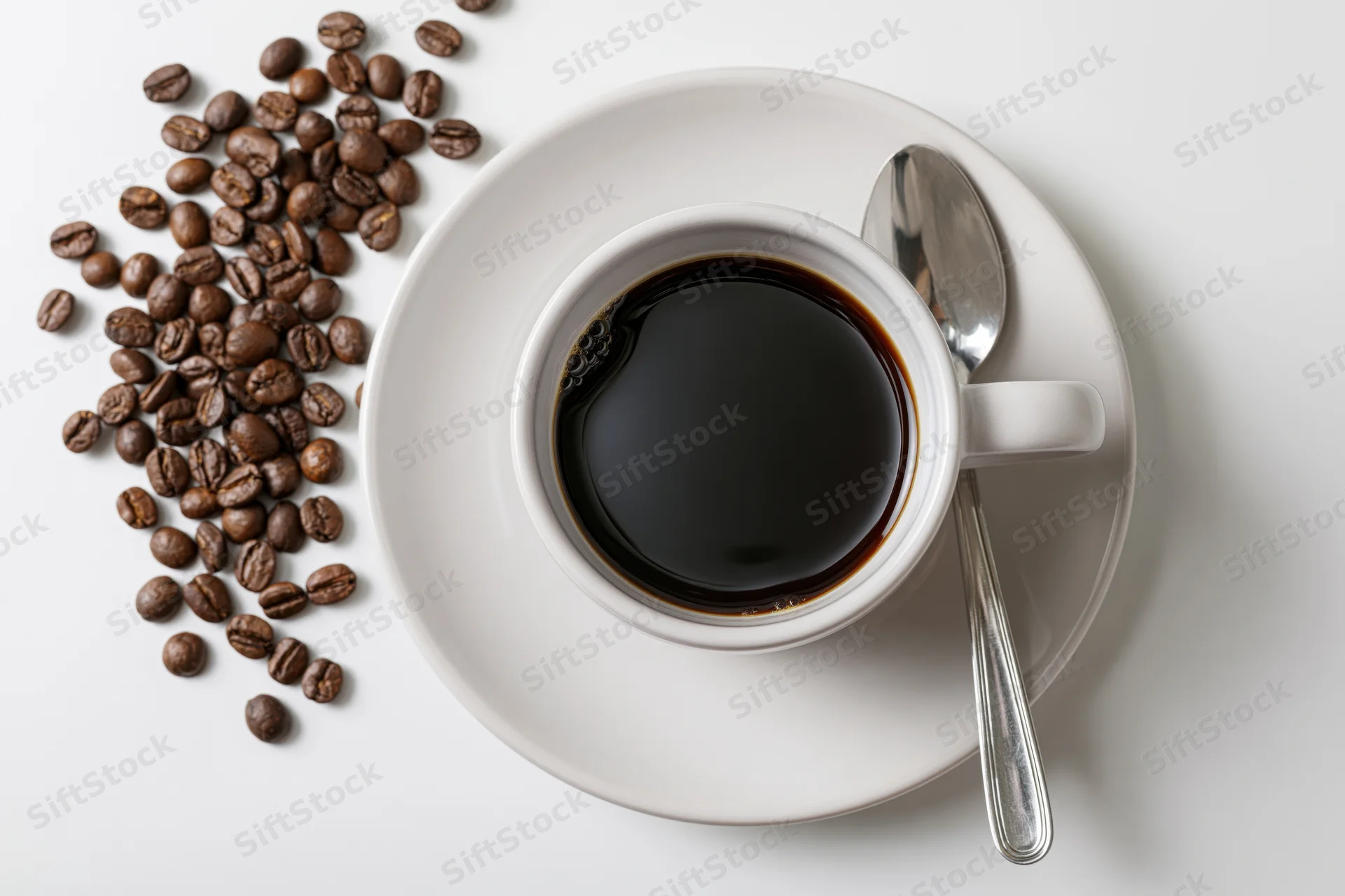 Overhead view of a white ceramic coffee cup filled with black coffee on a saucer with a spoon and scattered coffee beans on a white surface