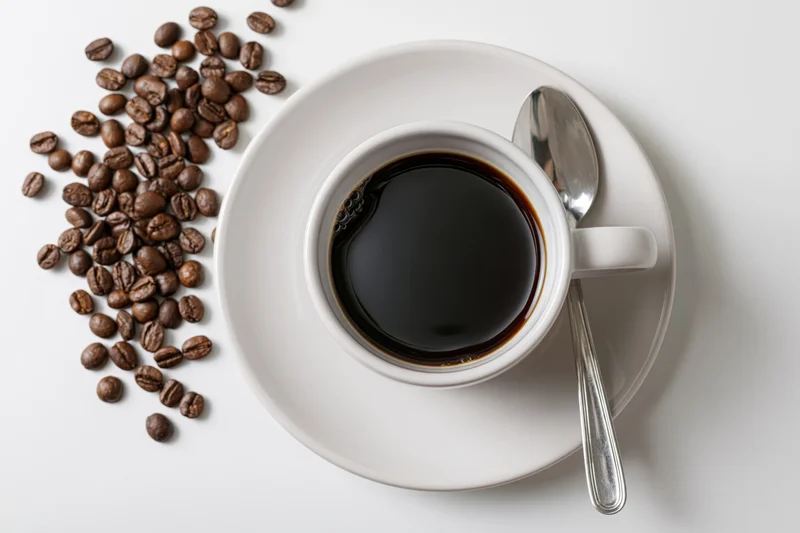 Overhead view of a white ceramic coffee cup filled with black coffee on a saucer with a spoon and scattered coffee beans on a white surface
