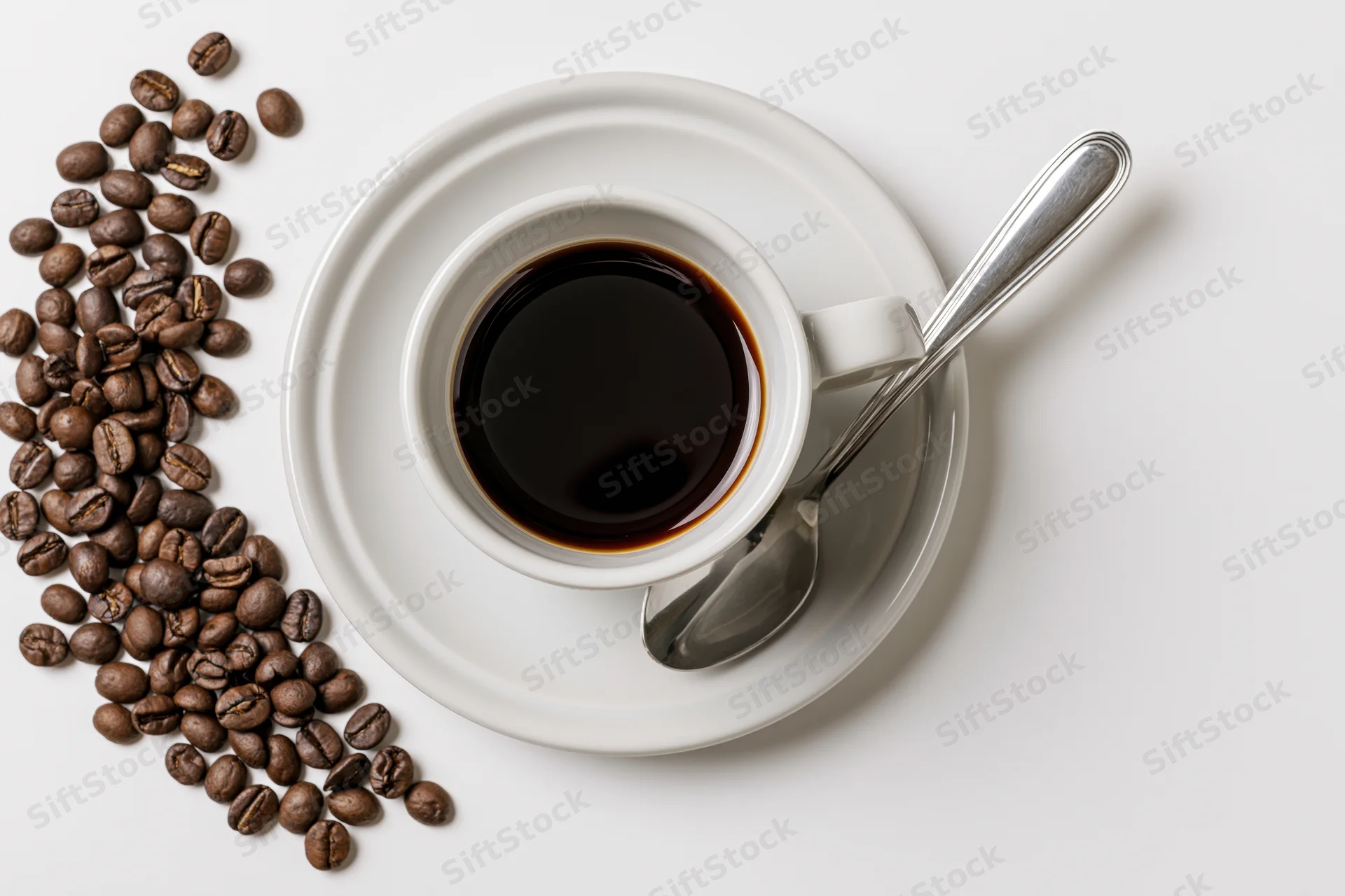 Overhead view of a white ceramic coffee cup filled with black coffee on a saucer with a spoon and scattered coffee beans on a white surface