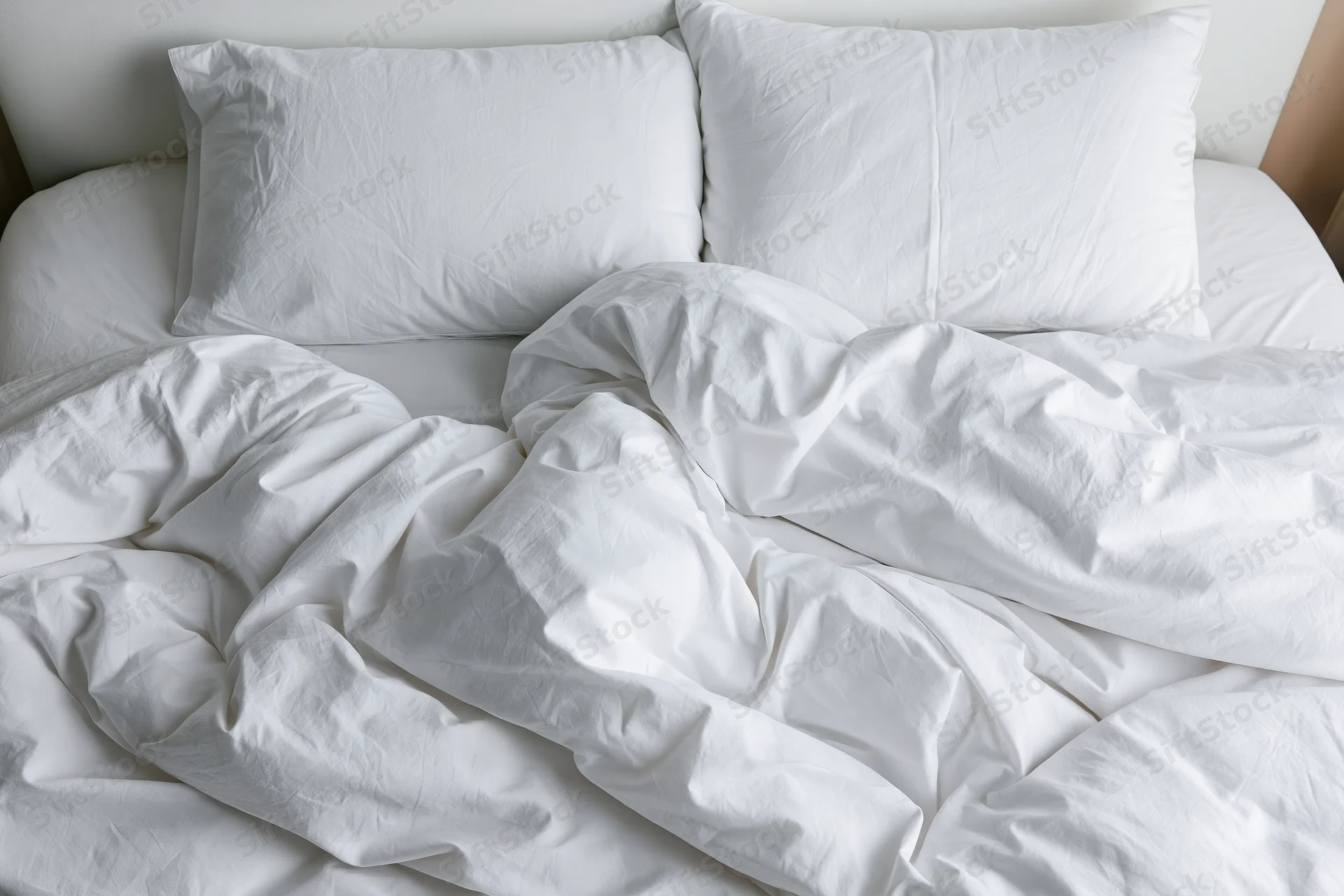 Unmade bed with white linens and pillows in a hotel room