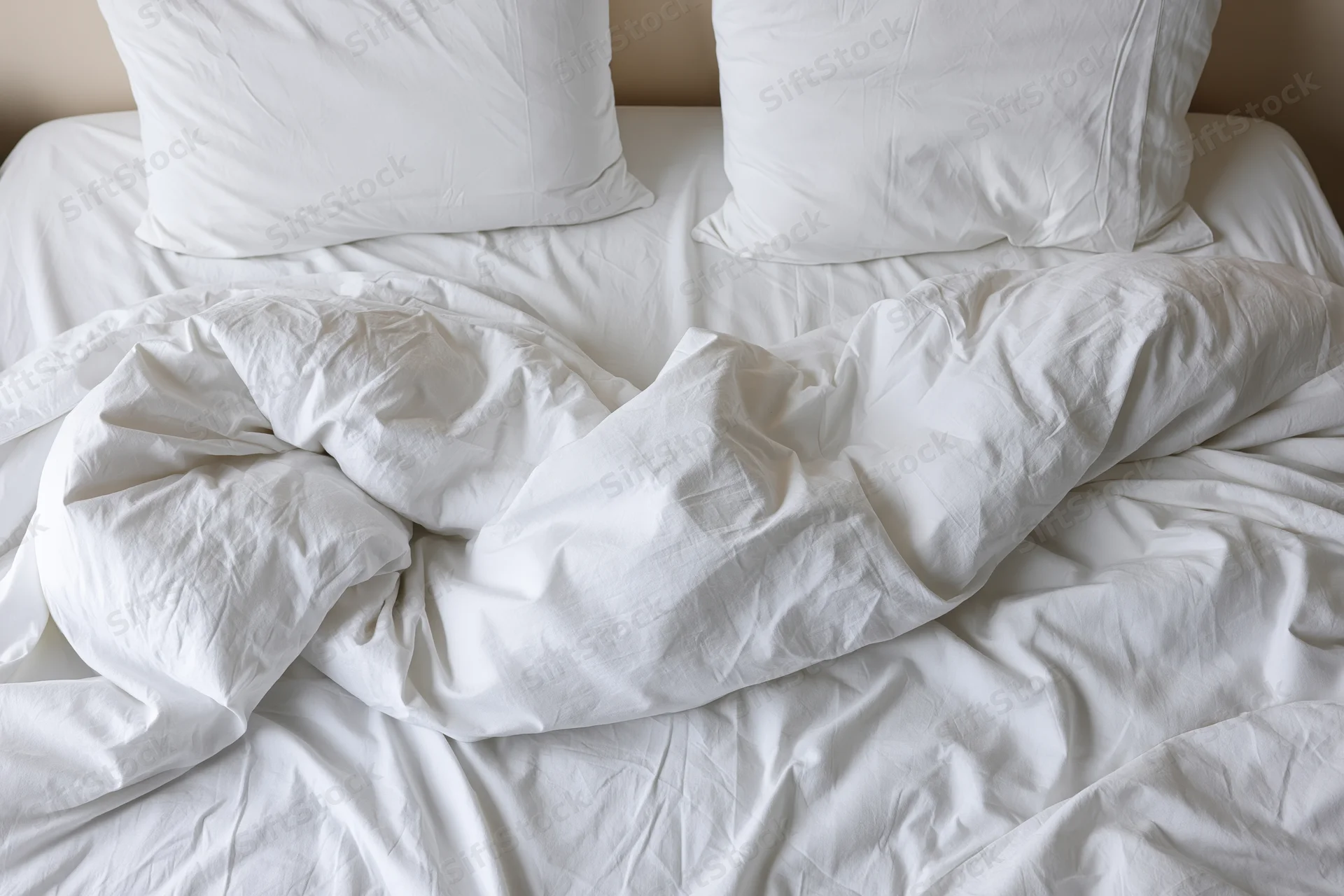 Unmade bed with white linen and pillows, rumpled sheets and comforter, hotel bedroom interior