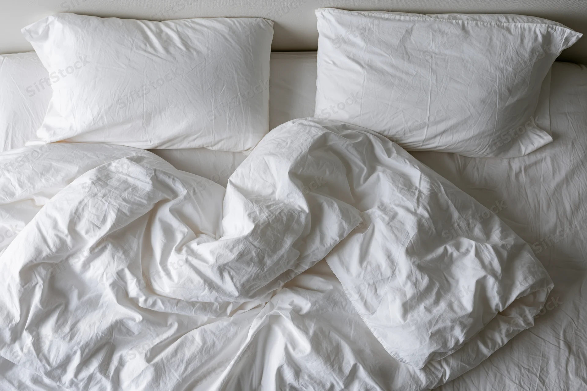 Overhead view of unmade white bed with crumpled sheets and two pillows in hotel room