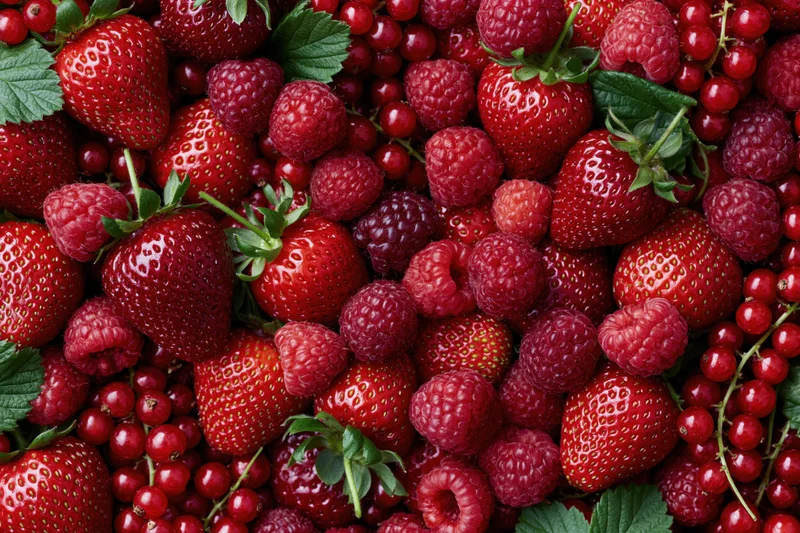 Overhead flat lay of fresh strawberries, raspberries and redcurrants densely arranged with green leaves
