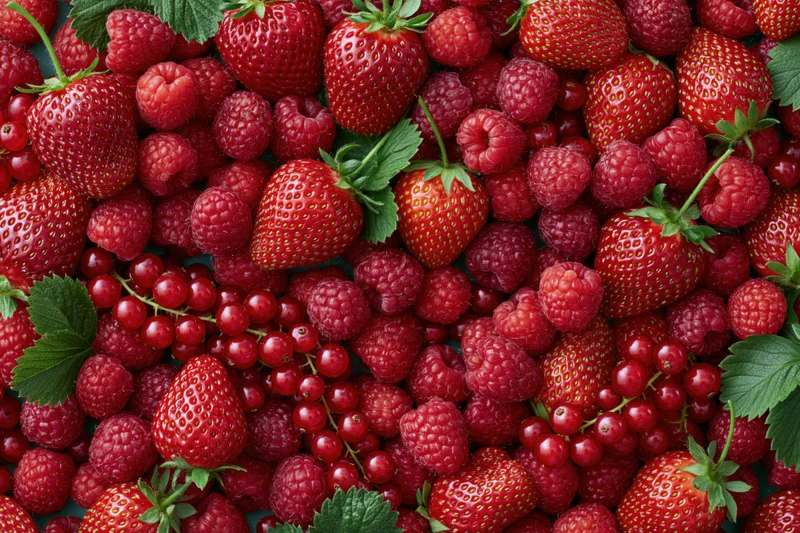Overhead flat lay of fresh strawberries, raspberries and redcurrants mixed together with green leaves