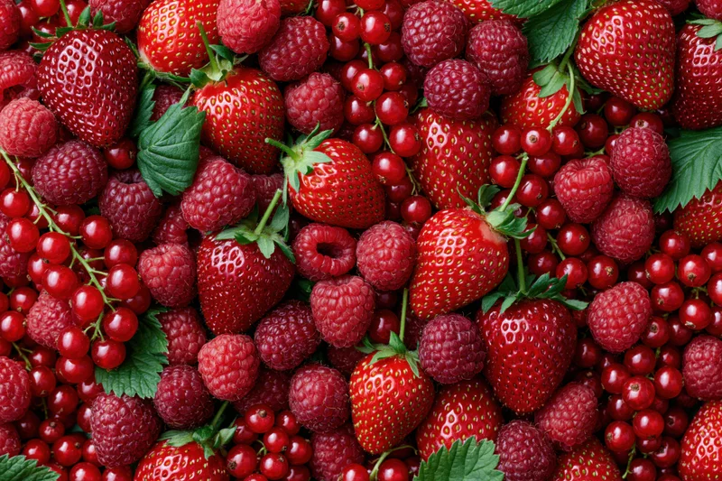 Overhead flat lay of fresh strawberries raspberries and redcurrants with green leaves densely arranged
