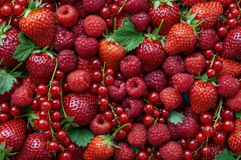 Overhead flat lay of fresh strawberries raspberries and redcurrants with green leaves densely arranged
