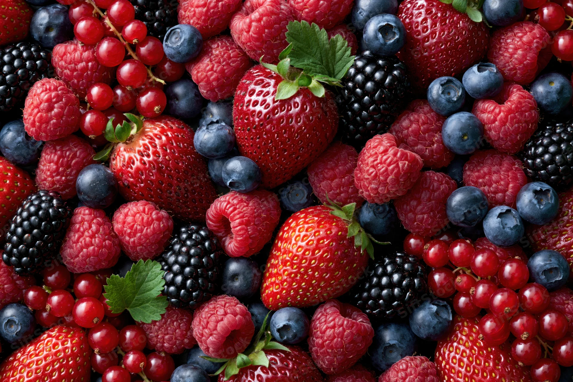 Overhead flat lay of a dense mixed berry assortment including strawberries, raspberries, blueberries, blackberries, and redcurrants