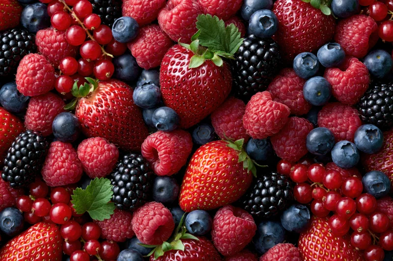 Overhead flat lay of a dense mixed berry assortment including strawberries, raspberries, blueberries, blackberries, and redcurrants