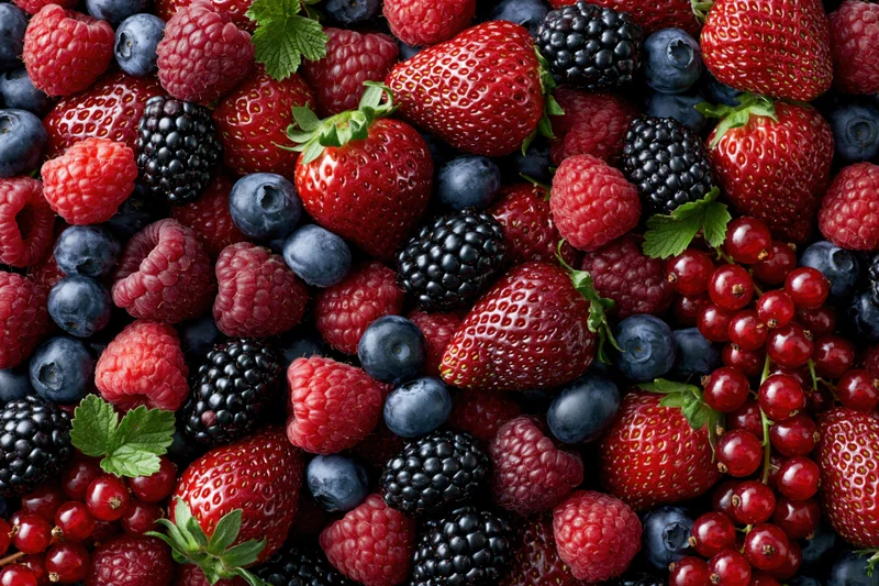 Overhead flat lay of a dense mixed berry assortment including strawberries, raspberries, blueberries, blackberries and redcurrants