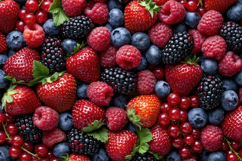Overhead flat lay of a dense mixed berry assortment including strawberries, raspberries, blueberries, blackberries and redcurrants