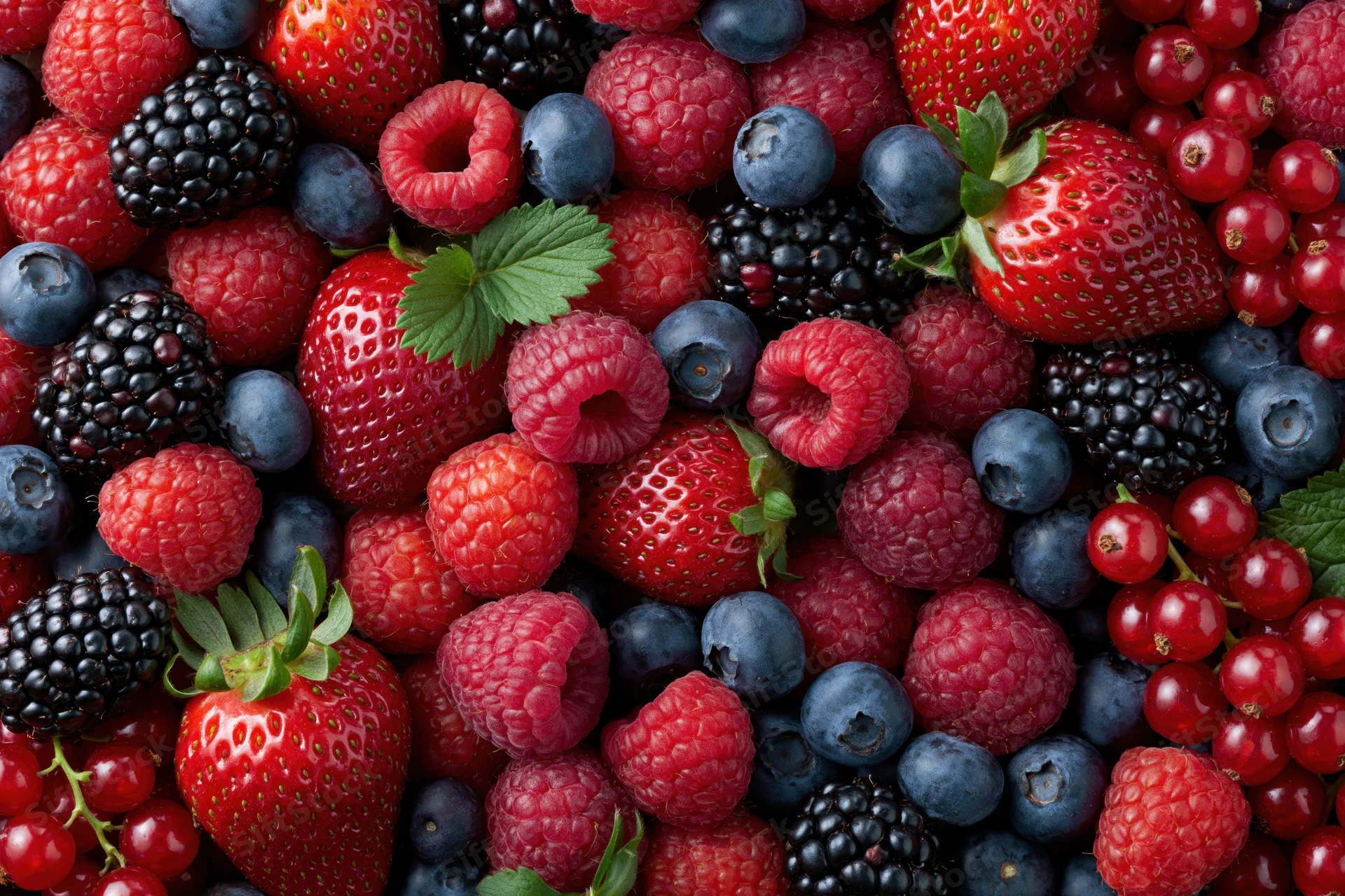 Overhead flat lay of a dense mixed berry assortment including strawberries, raspberries, blueberries, blackberries and redcurrants