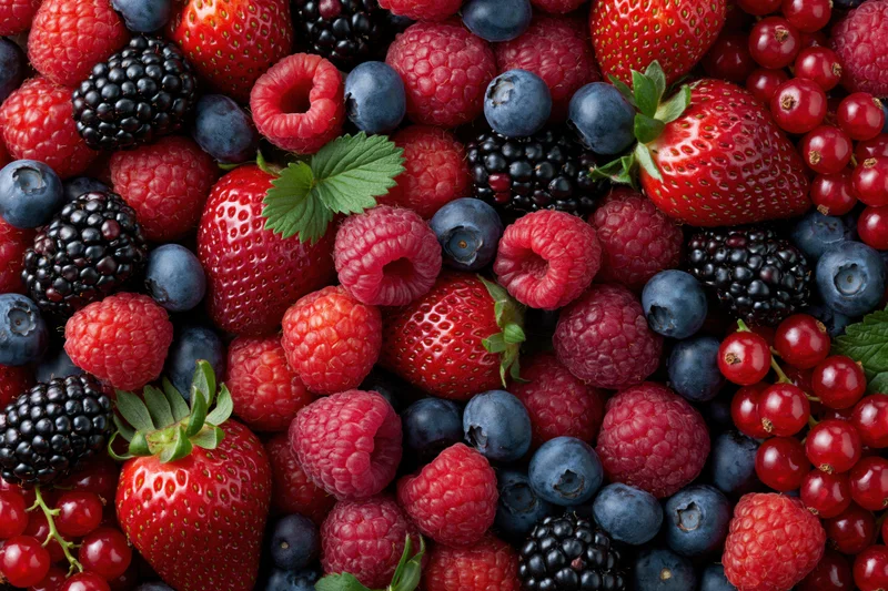 Overhead flat lay of a dense mixed berry assortment including strawberries, raspberries, blueberries, blackberries and redcurrants