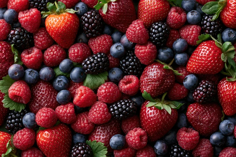Overhead flat lay of mixed fresh berries including strawberries raspberries blueberries and blackberries