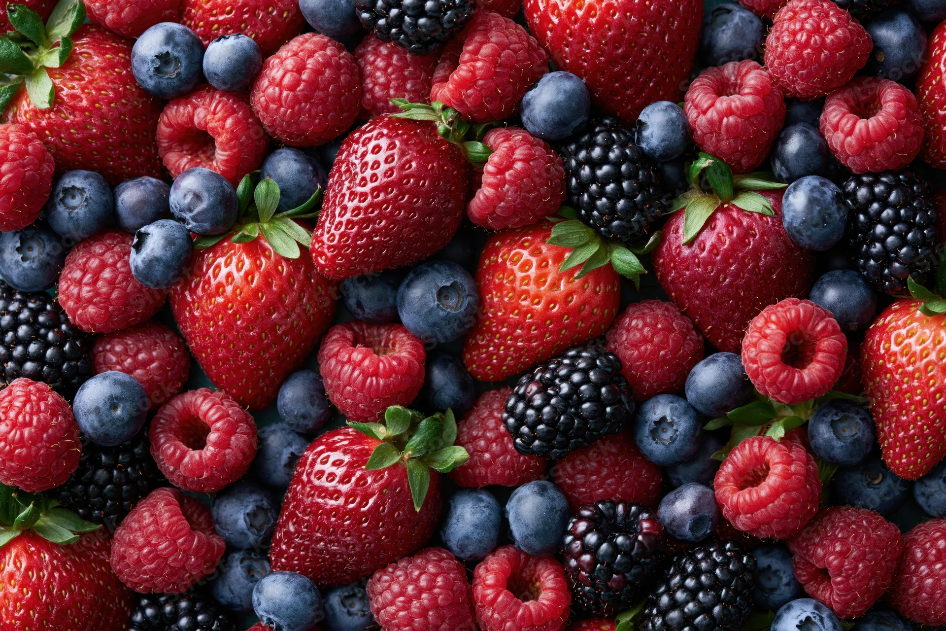 Overhead flat lay of mixed fresh strawberries raspberries blueberries and blackberries