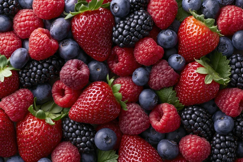 Overhead flat lay of mixed fresh berries including strawberries raspberries blueberries and blackberries