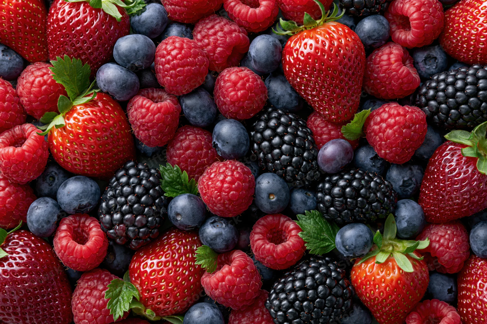 Overhead flat lay of mixed fresh berries including strawberries raspberries blueberries and blackberries