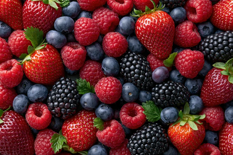 Overhead flat lay of mixed fresh berries including strawberries raspberries blueberries and blackberries