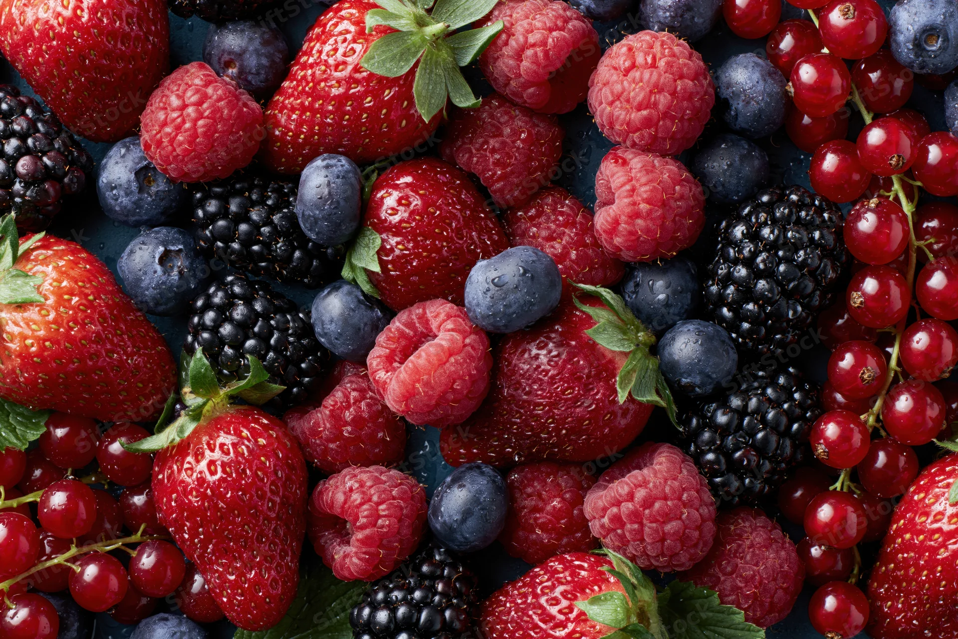 Overhead flat lay of mixed fresh berries including strawberries raspberries blueberries blackberries and redcurrants on dark surface