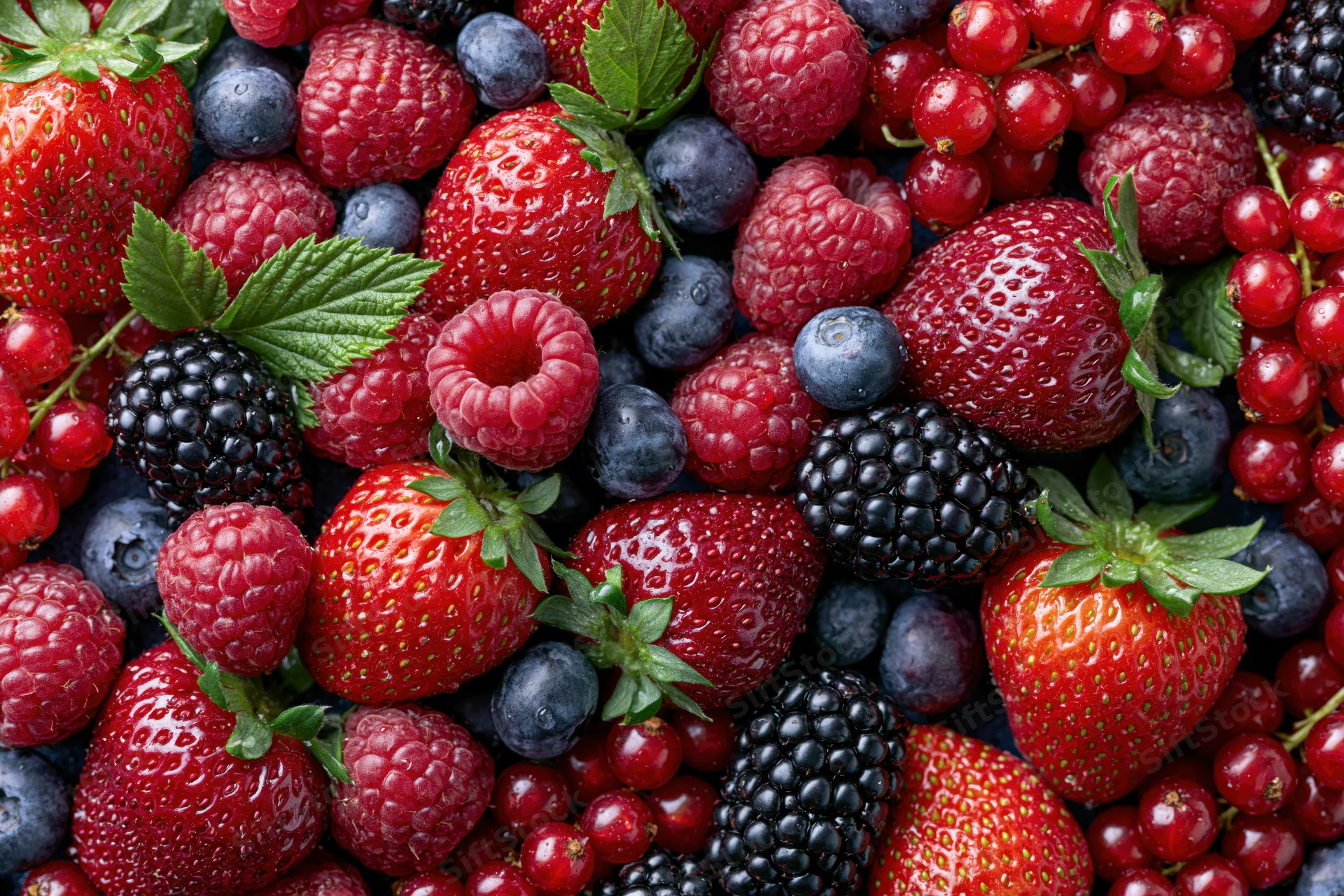 Overhead flat lay of mixed fresh berries including strawberries raspberries blueberries blackberries and redcurrants