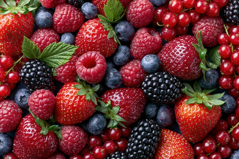 Overhead flat lay of mixed fresh berries including strawberries raspberries blueberries blackberries and redcurrants
