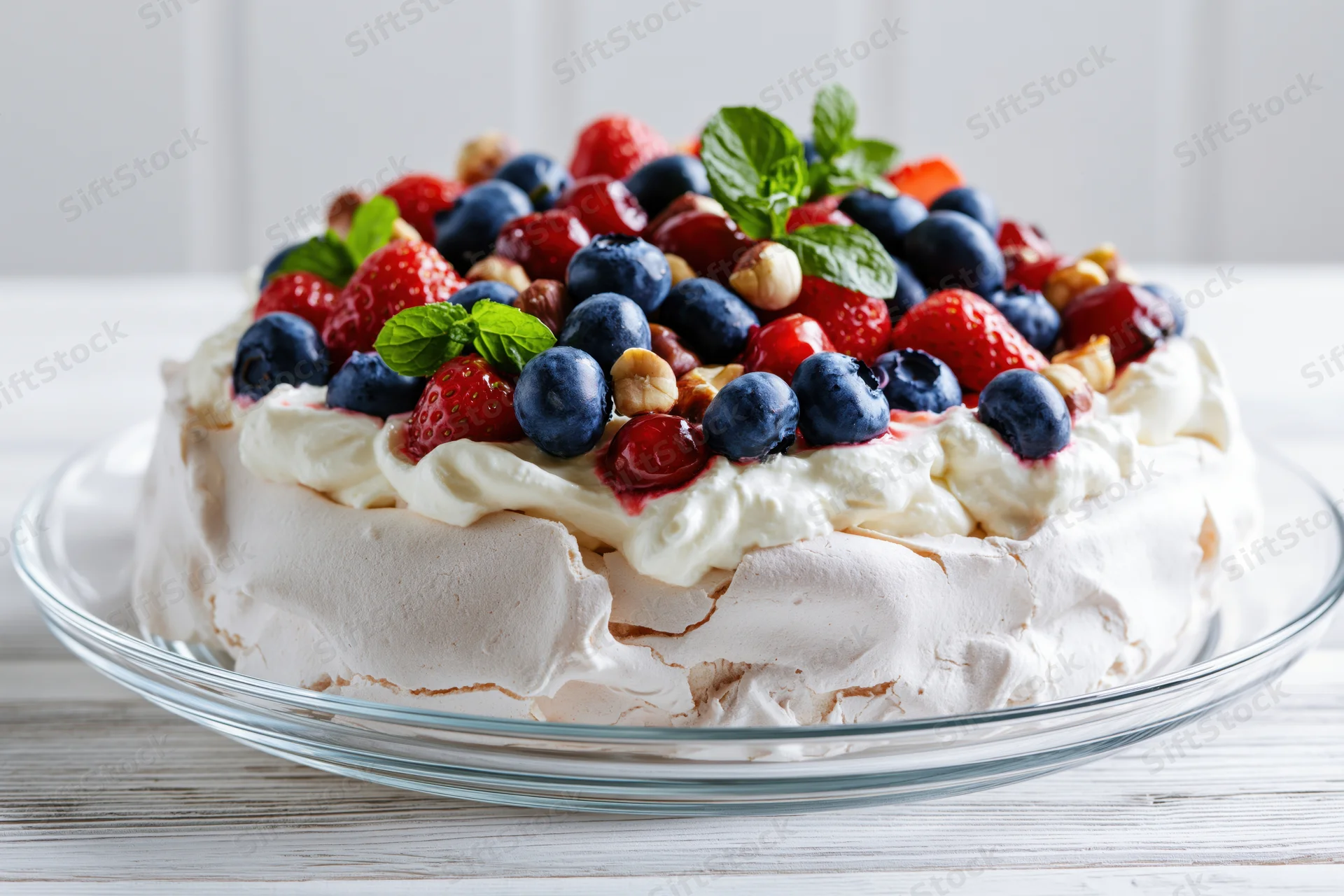Pavlova meringue cake topped with fresh berries and cream on a glass plate on a white wooden table