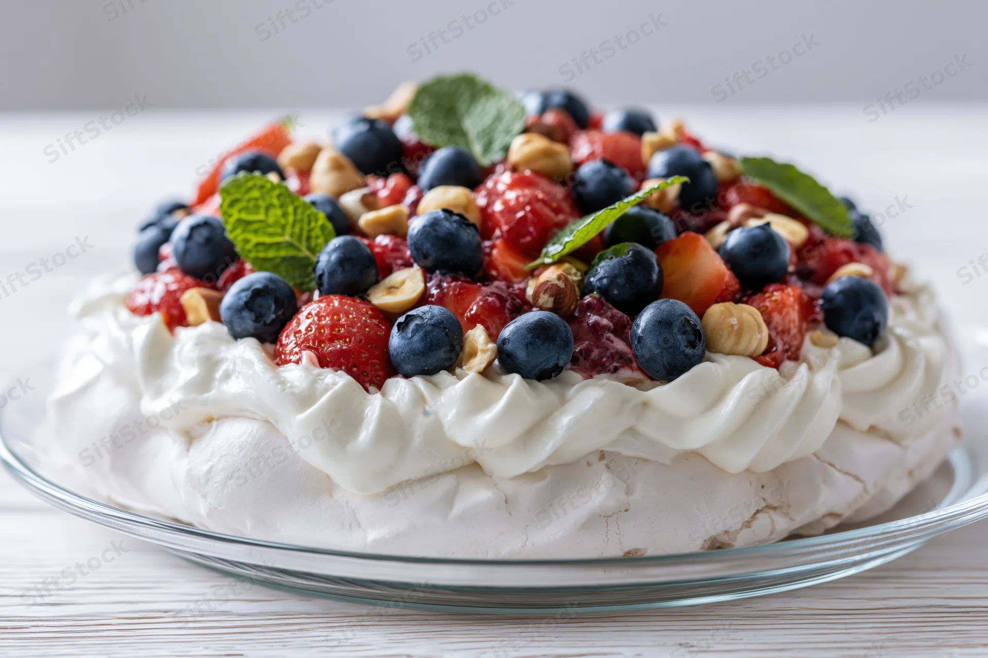 Pavlova meringue cake topped with strawberries blueberries whipped cream and mint on a glass plate