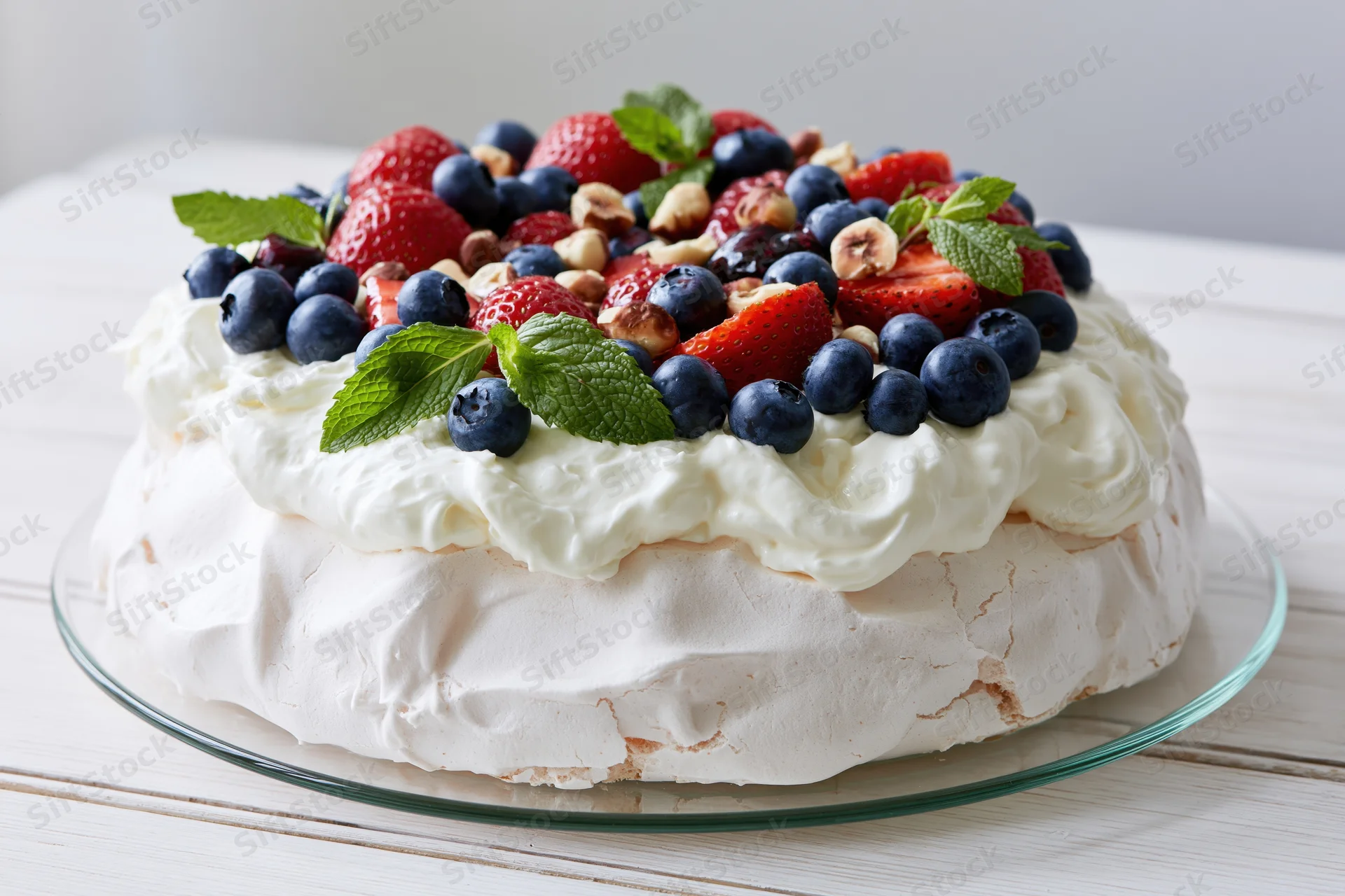 Pavlova meringue cake topped with blueberries strawberries cream and mint on a glass plate on a white wooden table