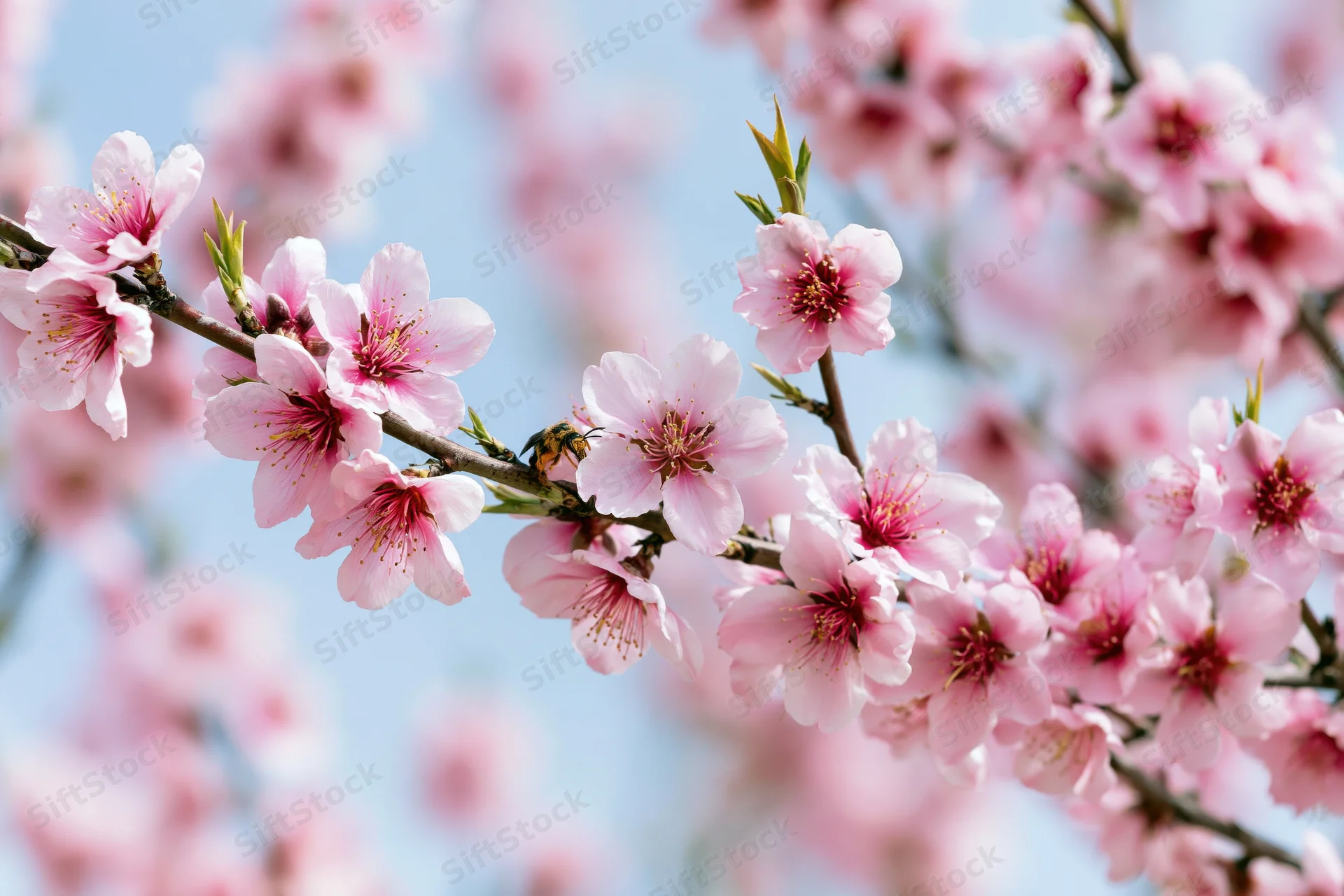 Peach blossoms in full bloom on branches against a blue sky with a bee visiting the flowers