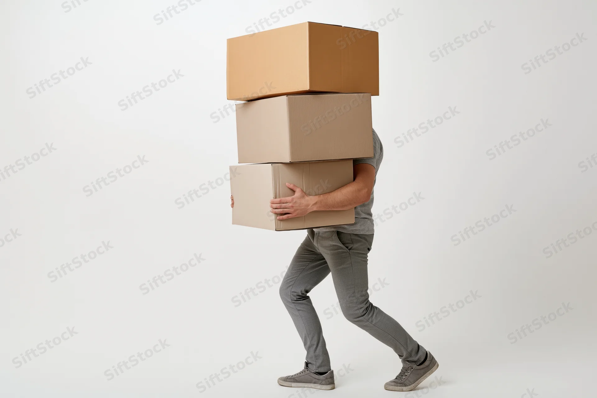 Man carrying a tall unstable stack of cardboard boxes while walking sideways in a studio setting