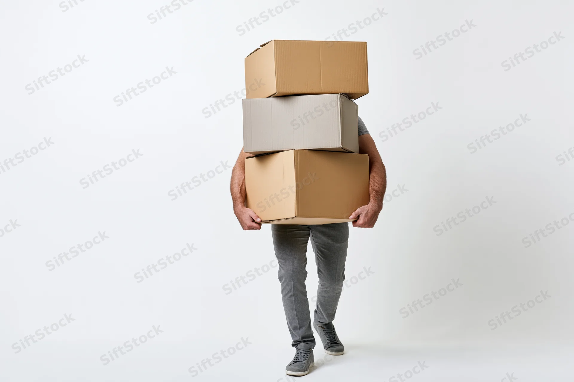 Man carrying tall stack of cardboard boxes against white background
