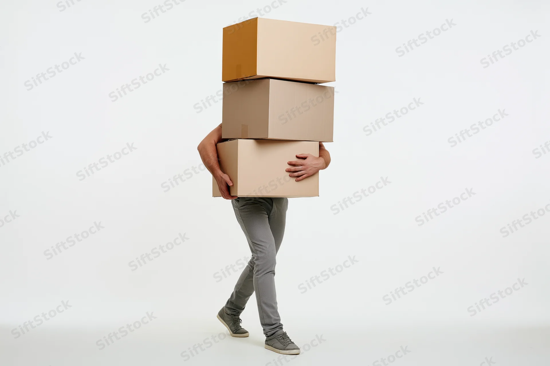 Man carrying a tall unstable stack of four large cardboard boxes in a studio setting