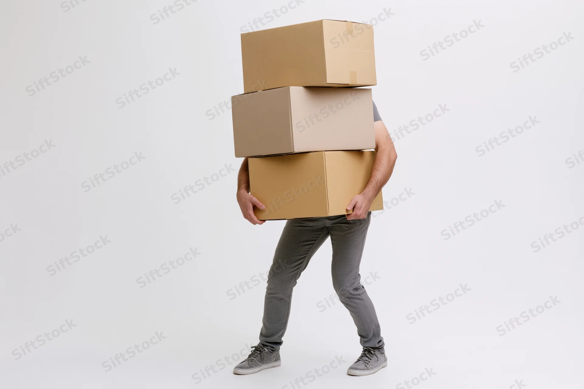 Man carrying tall stack of cardboard boxes against white background