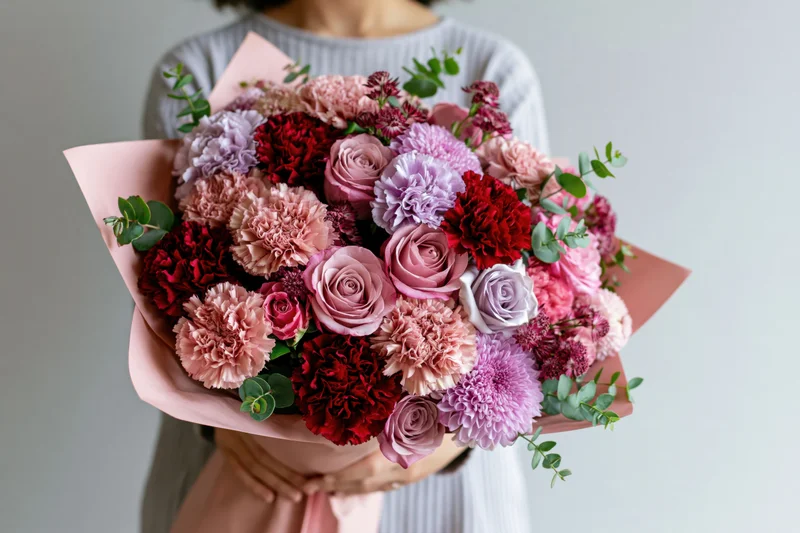 Woman holding a large lush bouquet of pink red and purple roses and carnations wrapped in paper with greenery