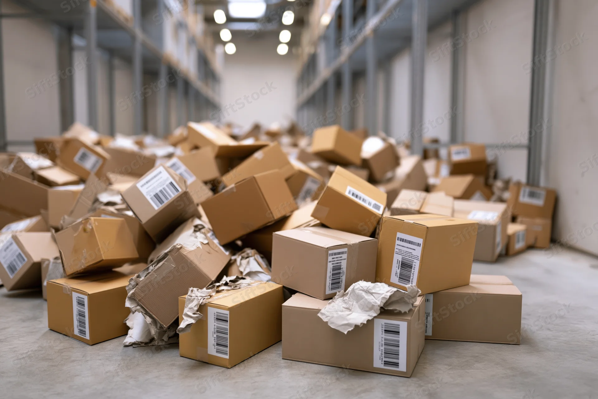 Pile of cardboard shipping boxes scattered and stacked chaotically on warehouse floor