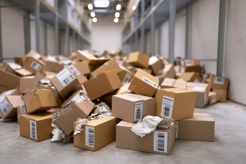 Pile of cardboard shipping boxes scattered and stacked chaotically on warehouse floor
