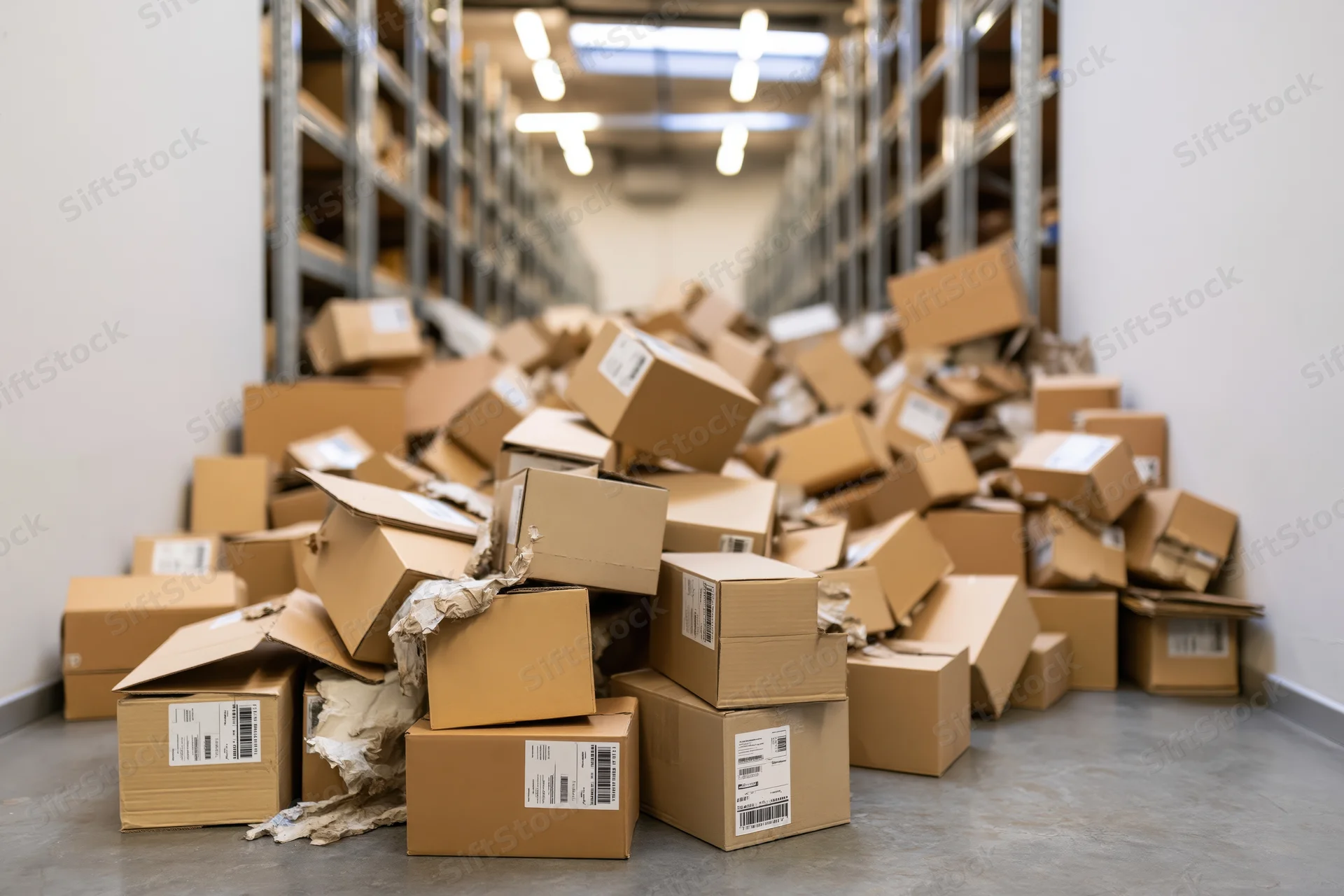 Pile of cardboard shipping boxes scattered and stacked chaotically in a warehouse aisle