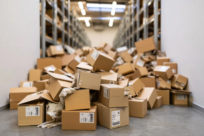 Pile of cardboard shipping boxes scattered and stacked chaotically in a warehouse aisle