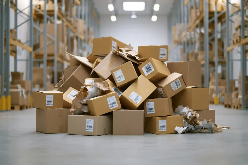 Pile of damaged cardboard shipping boxes scattered on warehouse floor