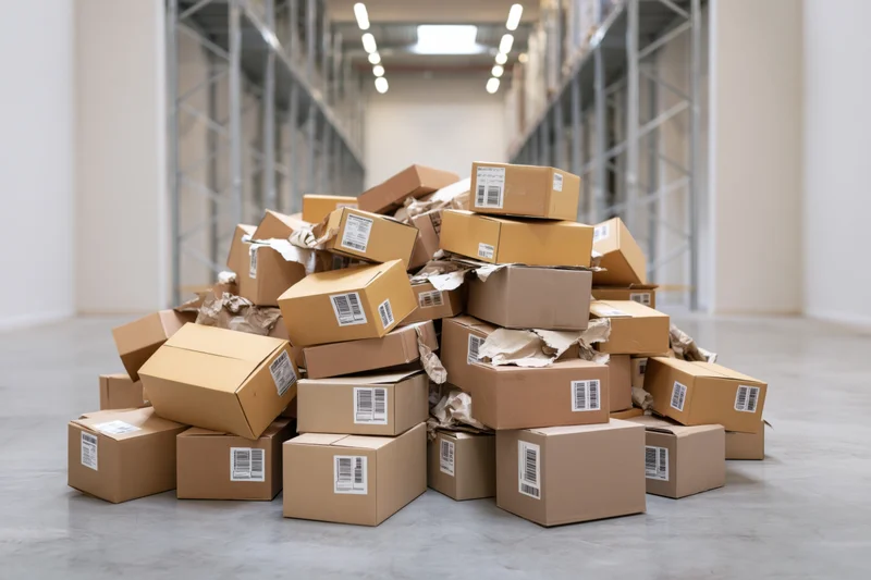 Pile of cardboard shipping boxes stacked chaotically in a warehouse interior